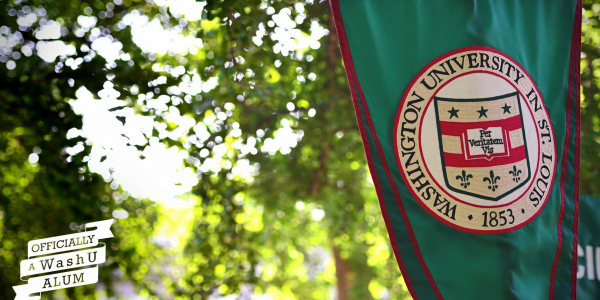 Washington University in St. Louis green flag featuring the university's official seal prominently displayed.